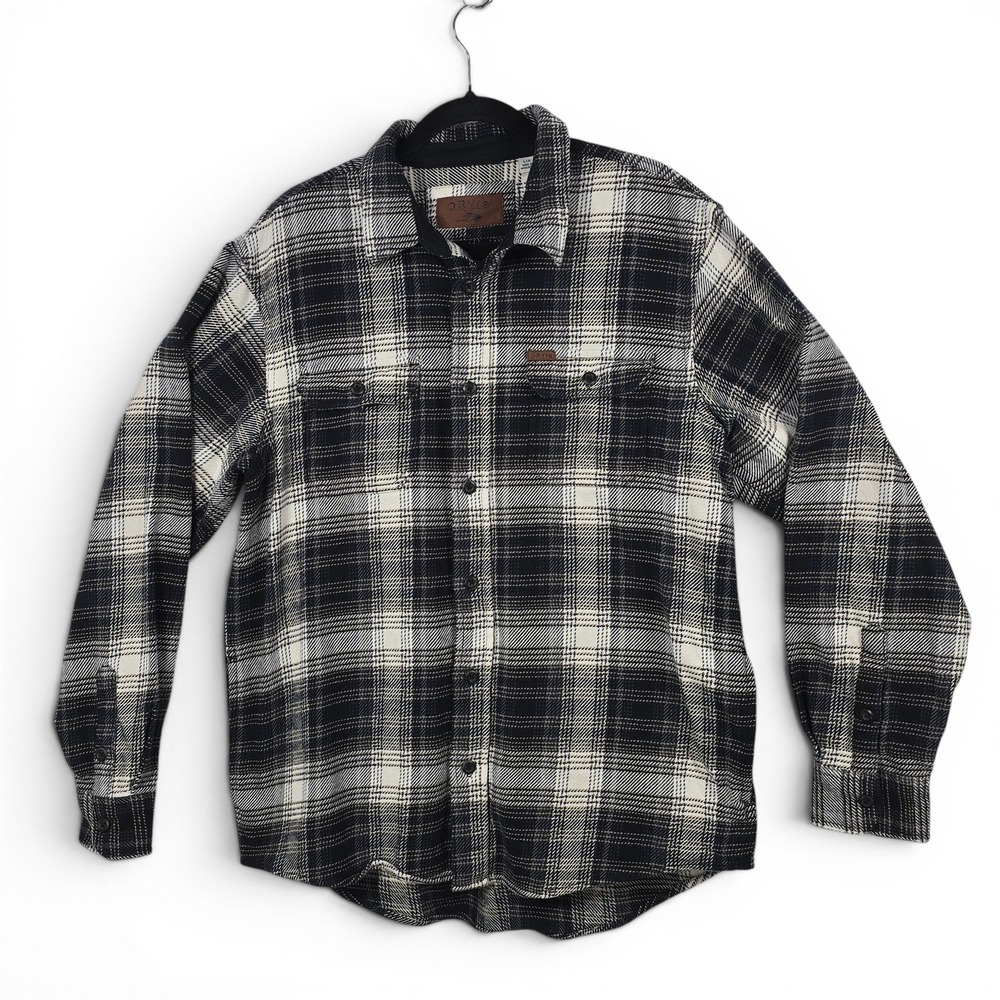 Orvis Men Large Black White Plaid Cotton Flannel Shacket Side Pockets Lamberjack